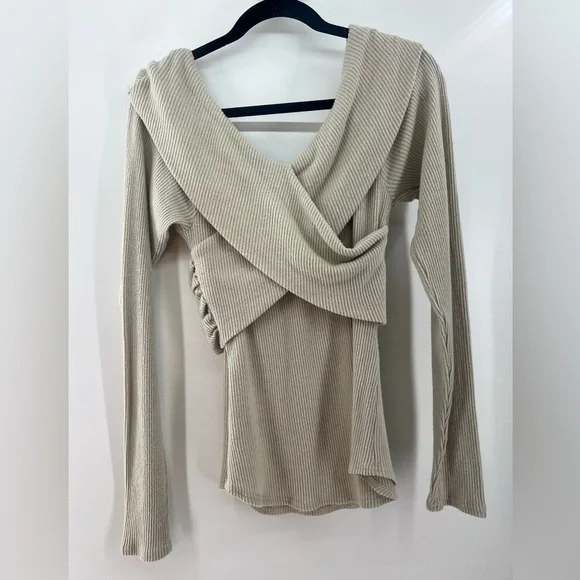 Free People Marley cross front long sleeve ribbed sweater top tan beige L large - Picture 7 of 9